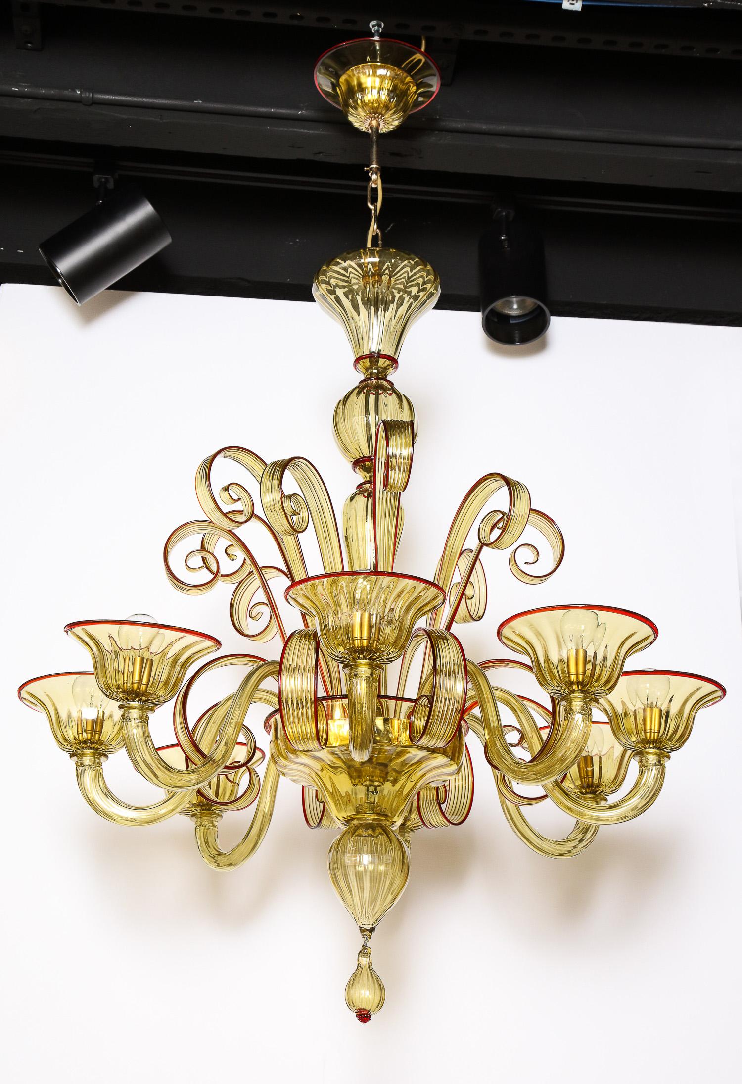 Venetian Glass Chandelier, Amber Color/Red, Contemporary, Murano, Italy, 8 Arms For Sale 6