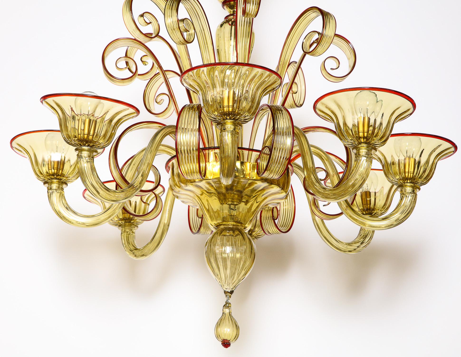 Venetian Glass Chandelier, Amber Color/Red, Contemporary, Murano, Italy, 8 Arms For Sale 7