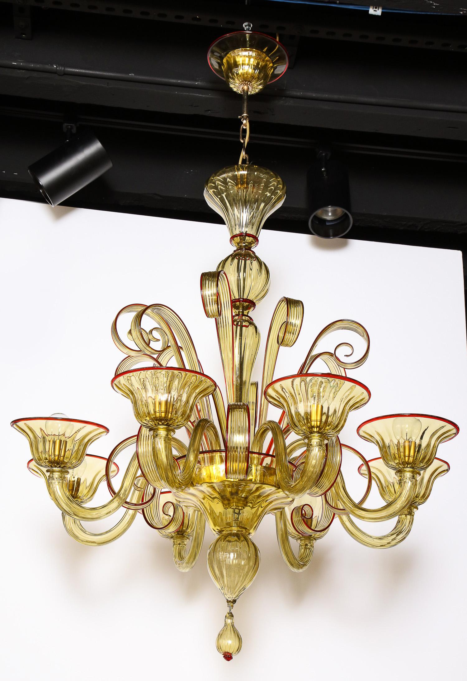 Venetian Glass Chandelier, Amber Color/Red, Contemporary, Murano, Italy, 8 Arms For Sale 10