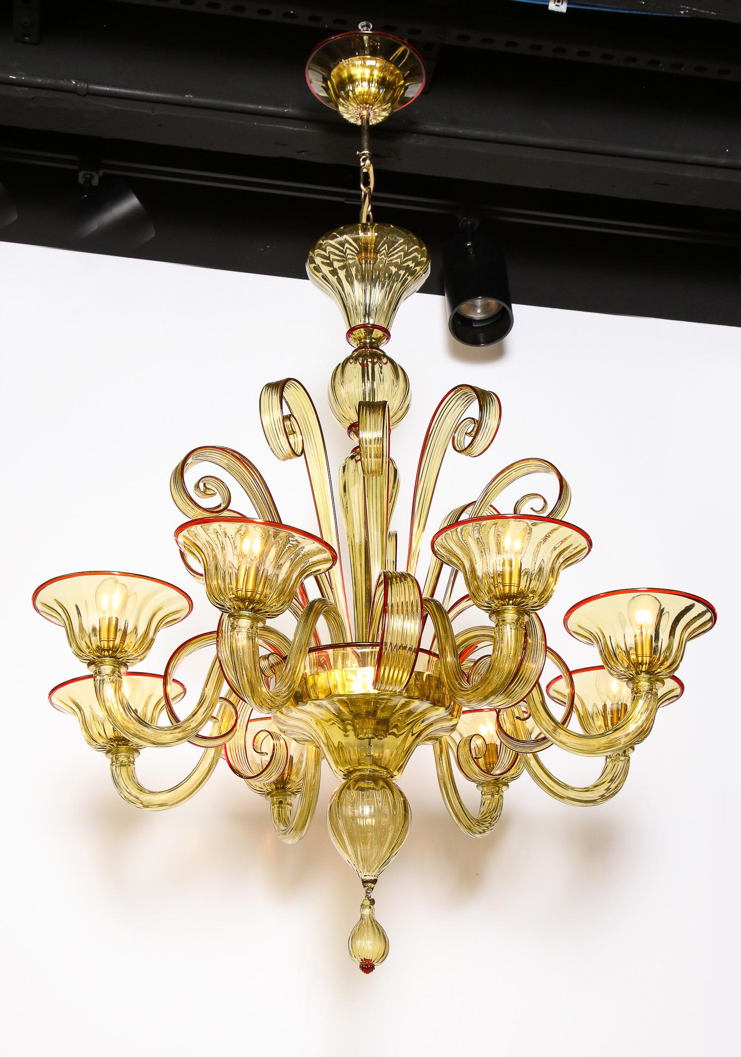 Art Nouveau Venetian Glass Chandelier, Amber Color/Red, Contemporary, Murano, Italy, 8 Arms For Sale