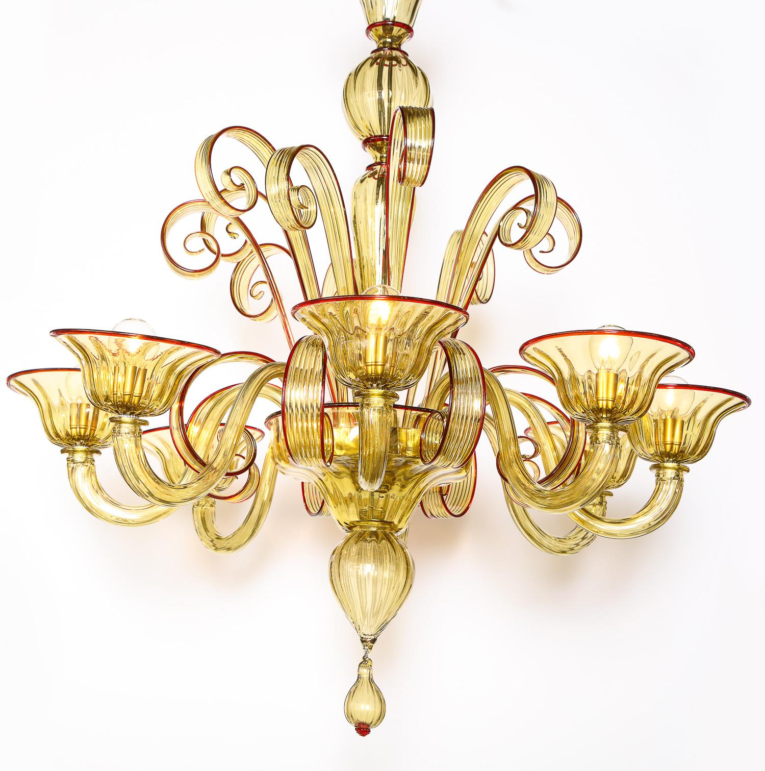 Italian Venetian Glass Chandelier, Amber Color/Red, Contemporary, 8 Arms, Murano, Italy For Sale
