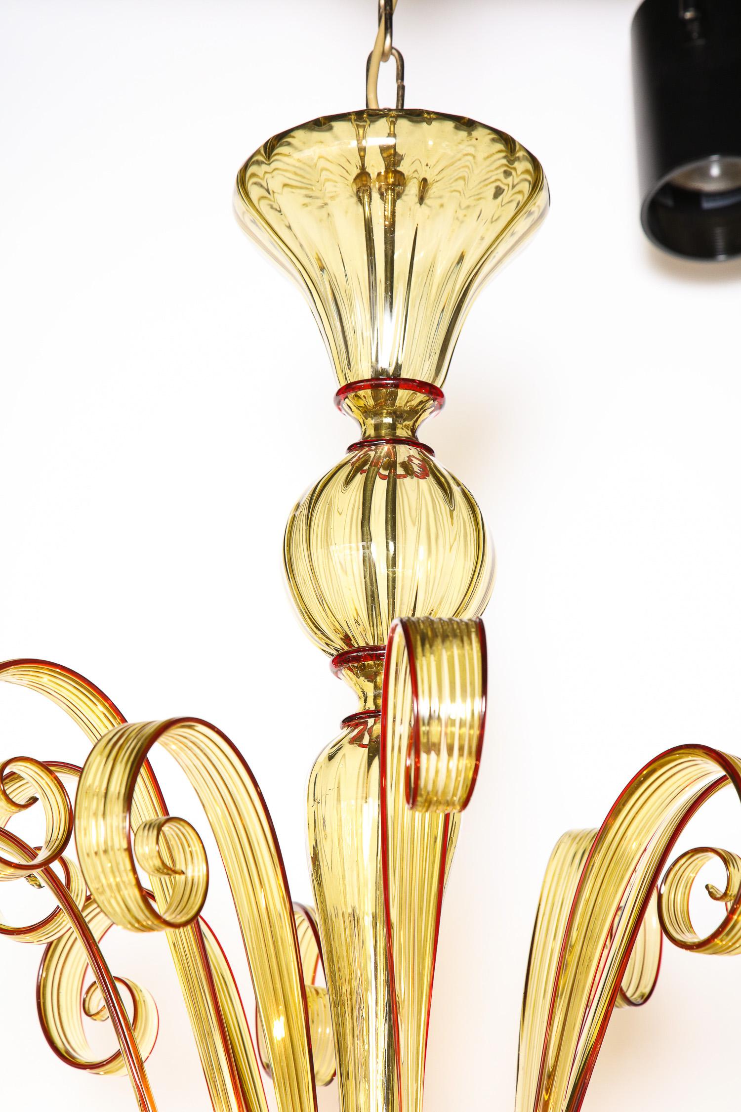 Venetian Glass Chandelier, Amber Color/Red, Contemporary, Murano, Italy, 8 Arms In Good Condition For Sale In New York, NY