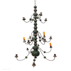 Chandelier Green Painted Gilded Iron Dutch 16 Branch 3 tier Folk Vernacular 30"
