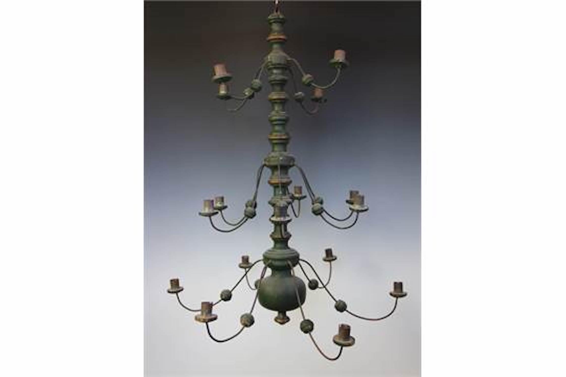 Hand-Painted Chandelier Green Painted Gilded Iron Dutch 16 Branch 3 tier Folk Vernacular 30