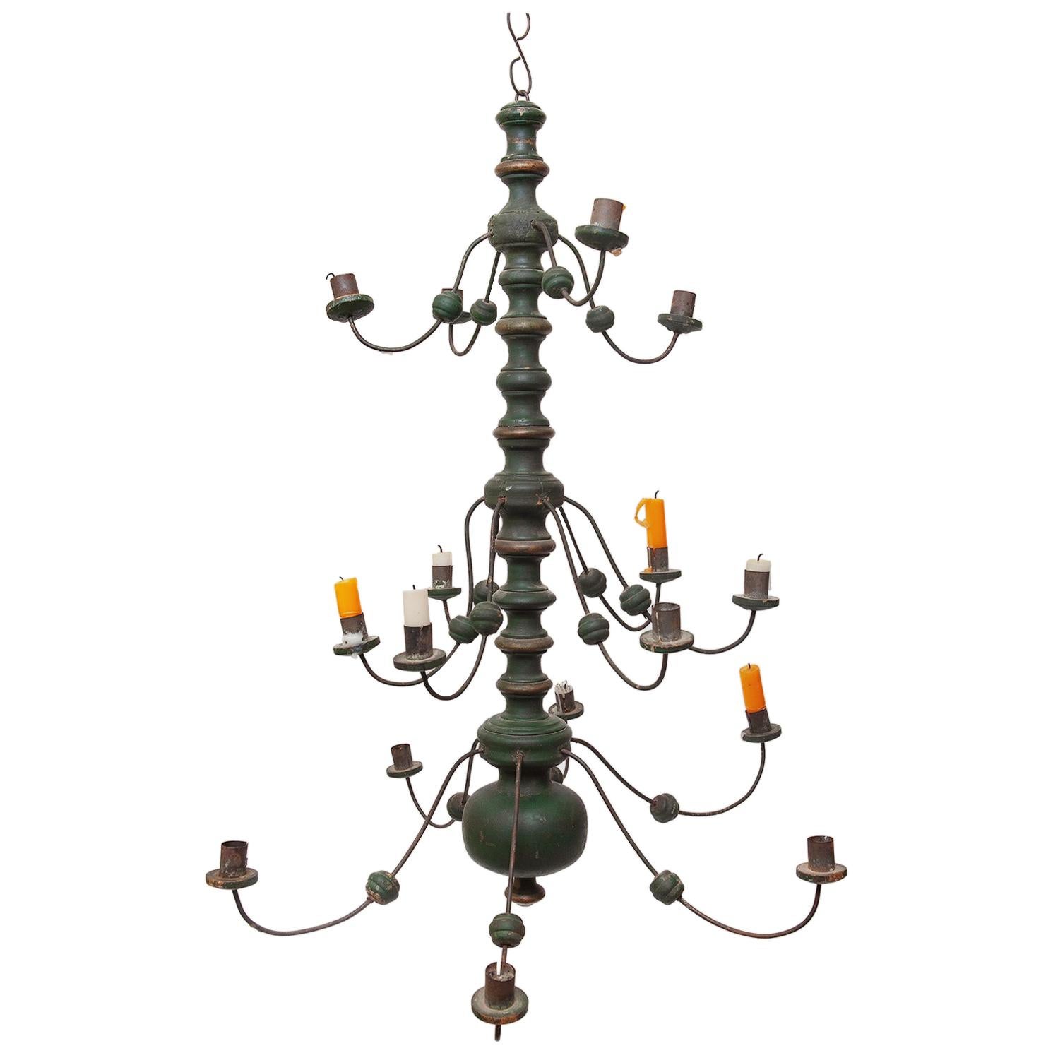 Chandelier Green Painted Gilded Iron Dutch 16 Branch 3 tier Folk Vernacular 30"  For Sale