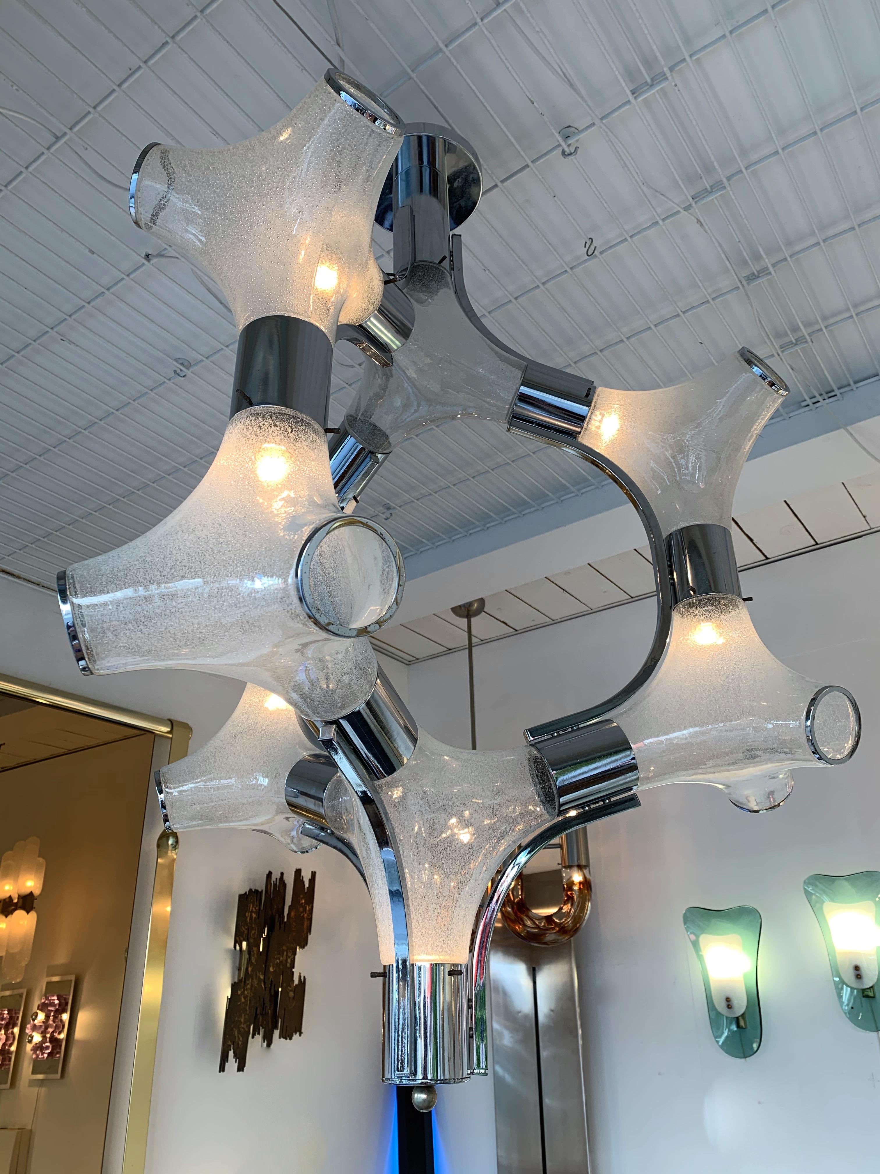 Very rare ice chandelier ceiling pendant light by Aldo Nason for the manufacture Mazzega Murano. Blown bubble glass. Famous manufacture like Venini, Vistosi, La Murrina, Seguso, Carlo Nason.