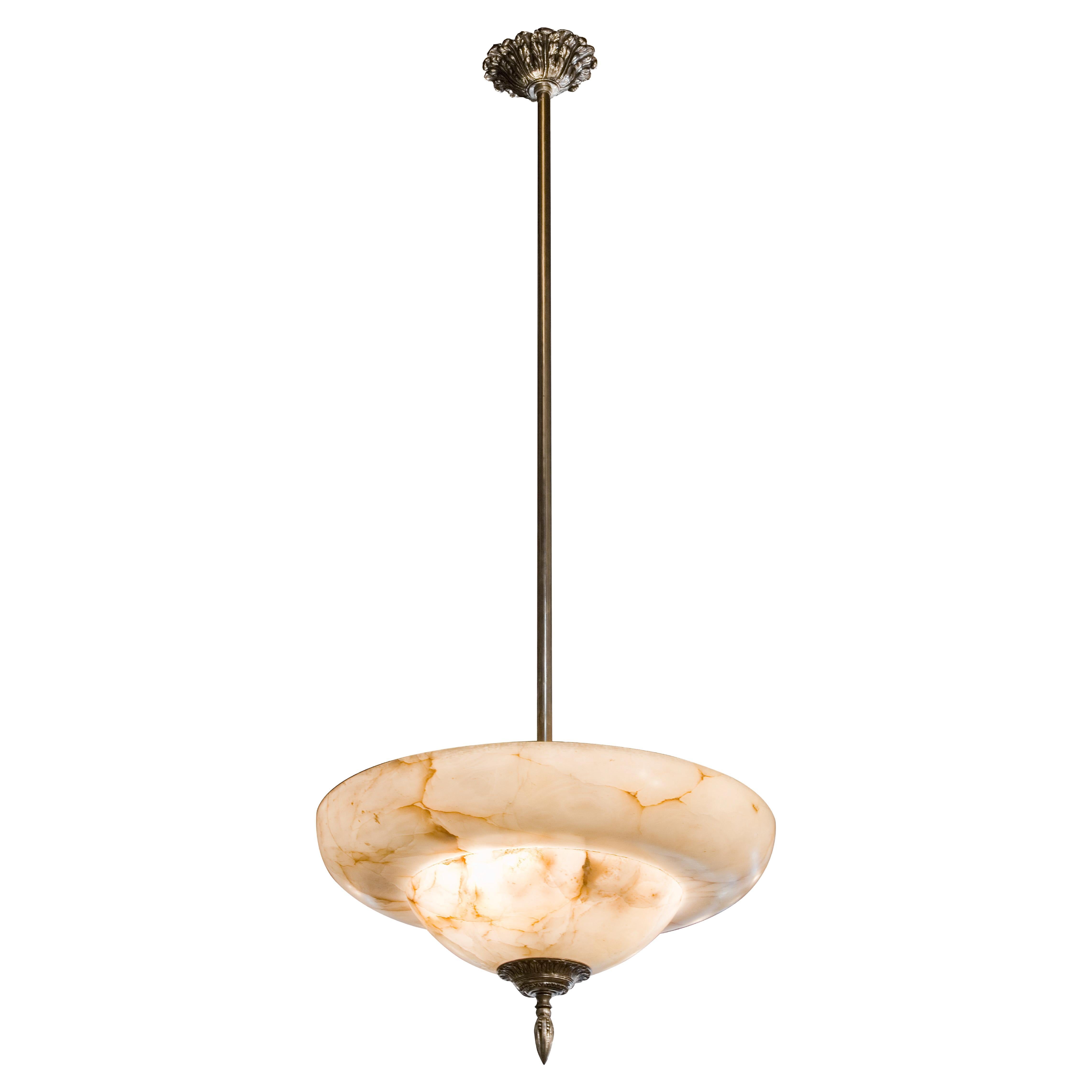 Chandelier in Alabaster and Silver Plated Bronze, Style: Art Deco, Year: 1920 For Sale