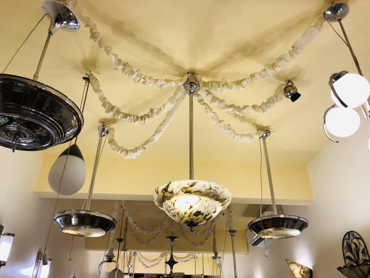 Early 20th Century Chandelier in Alabaster and chrome, Style: Art Deco , year: 1920 For Sale