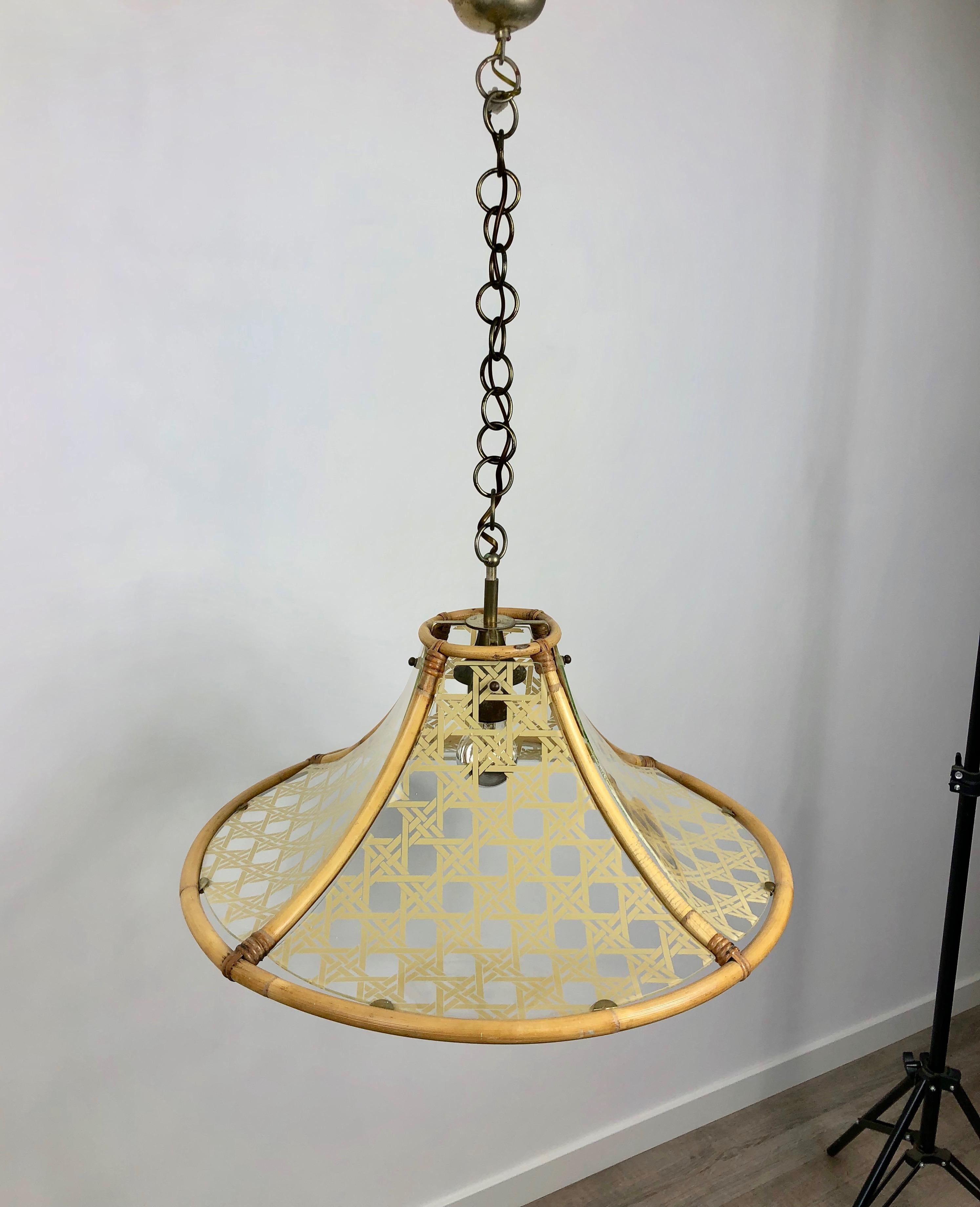 Mid-Century Modern Chandelier in Bamboo, Glass and Rattan, Metal Pendant, Italy, 1960s For Sale