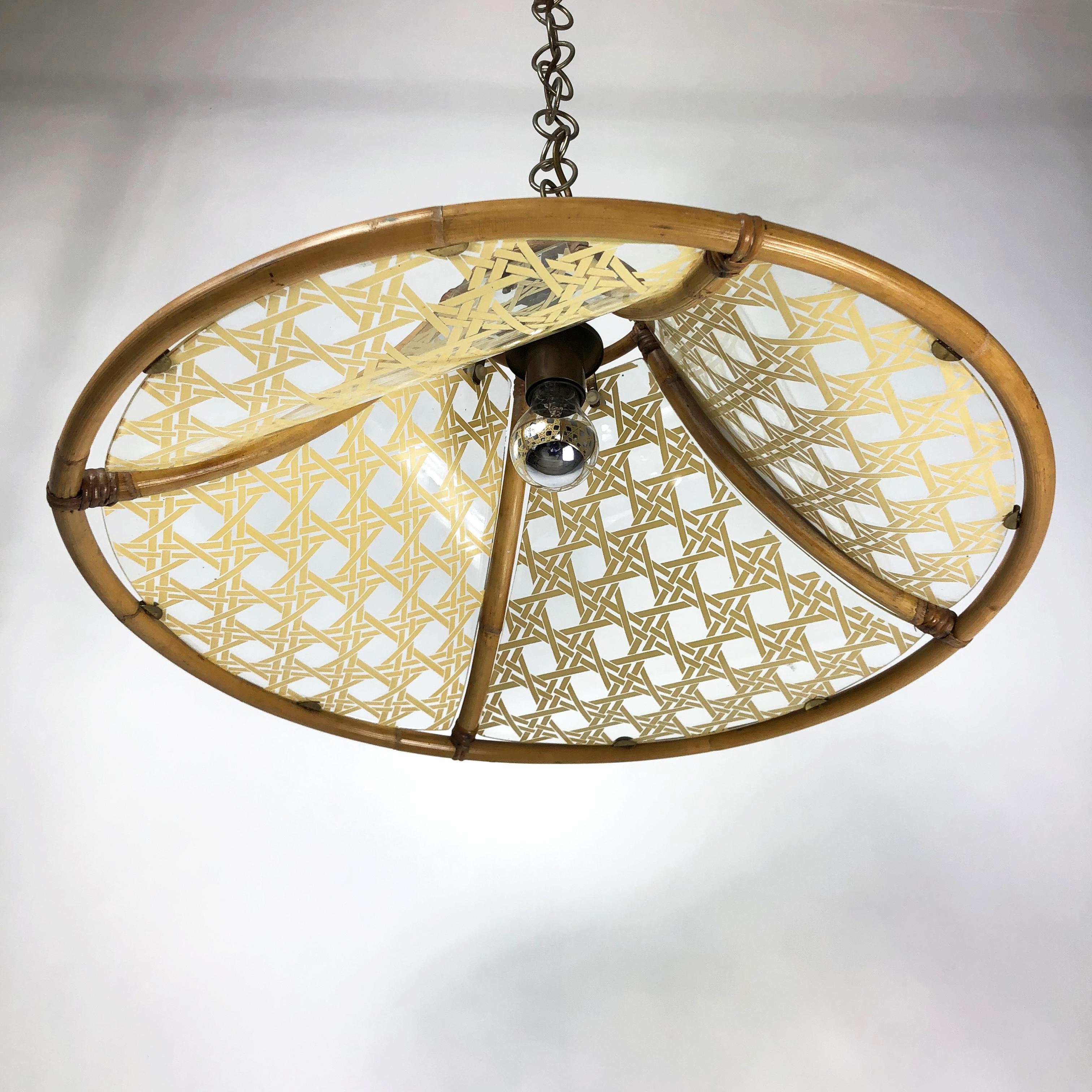 Italian Chandelier in Bamboo, Glass and Rattan, Metal Pendant, Italy, 1960s For Sale