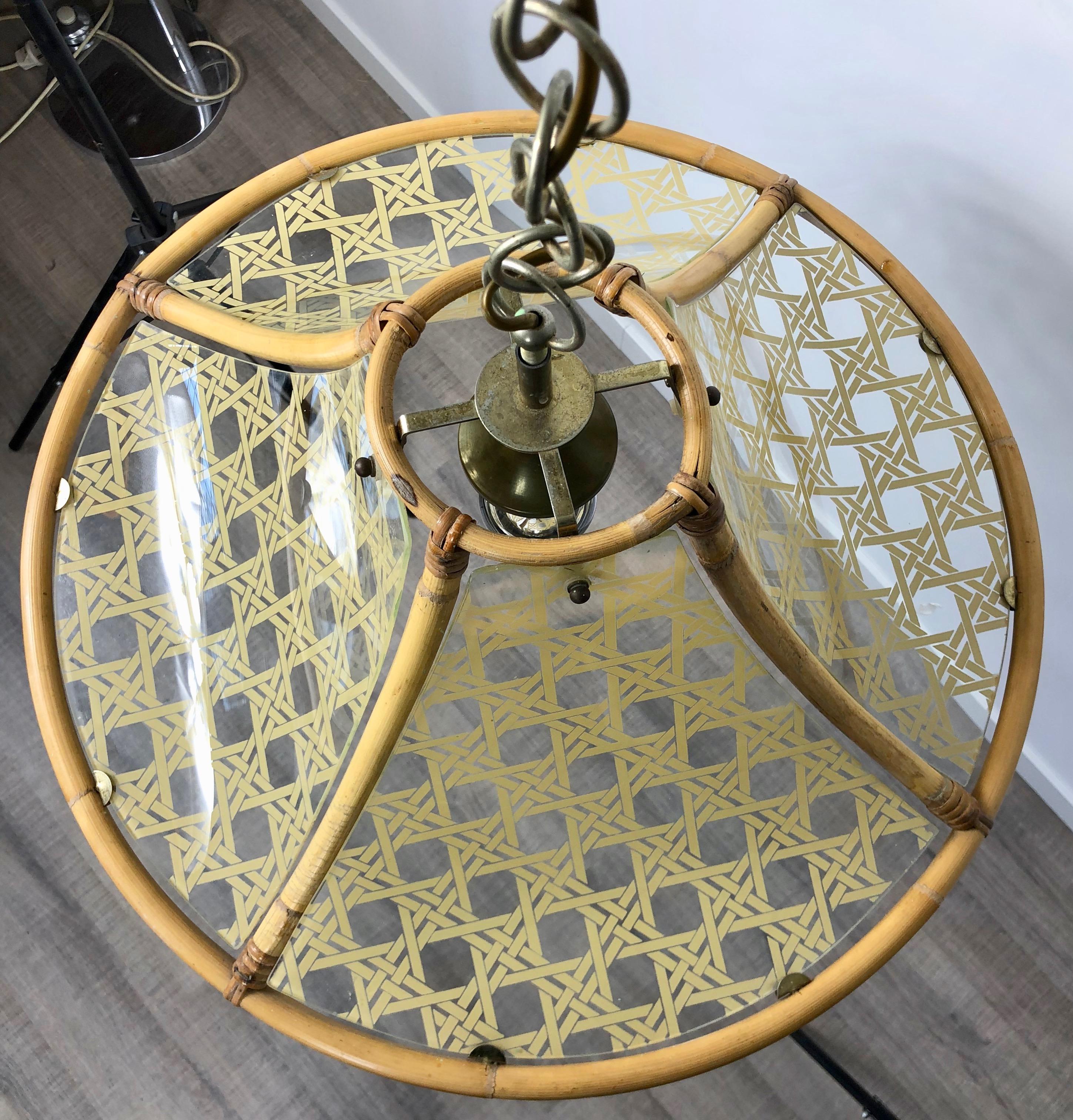 Chandelier in Bamboo, Glass and Rattan, Metal Pendant, Italy, 1960s In Good Condition For Sale In Rome, IT