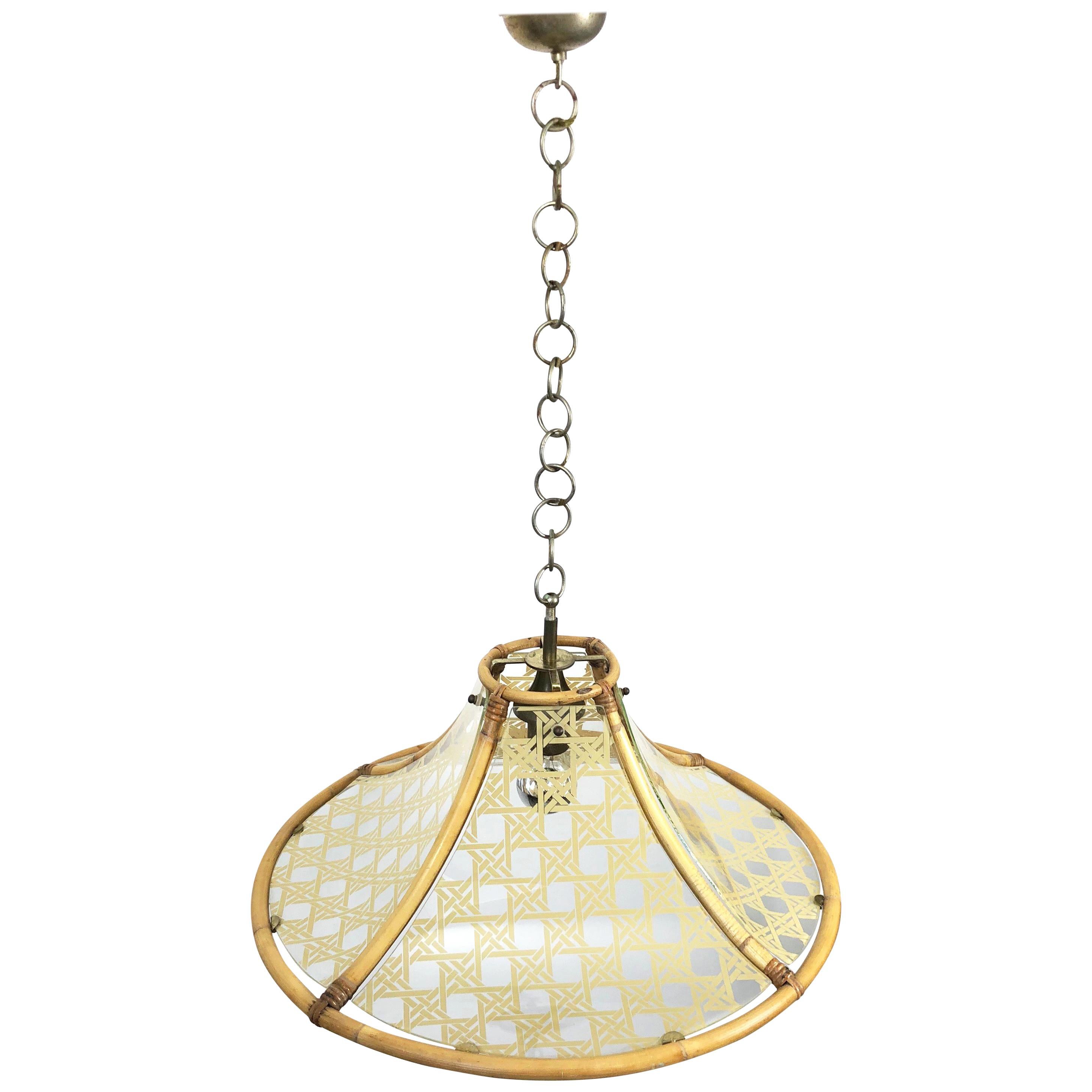 Chandelier in Bamboo, Glass and Rattan, Metal Pendant, Italy, 1960s