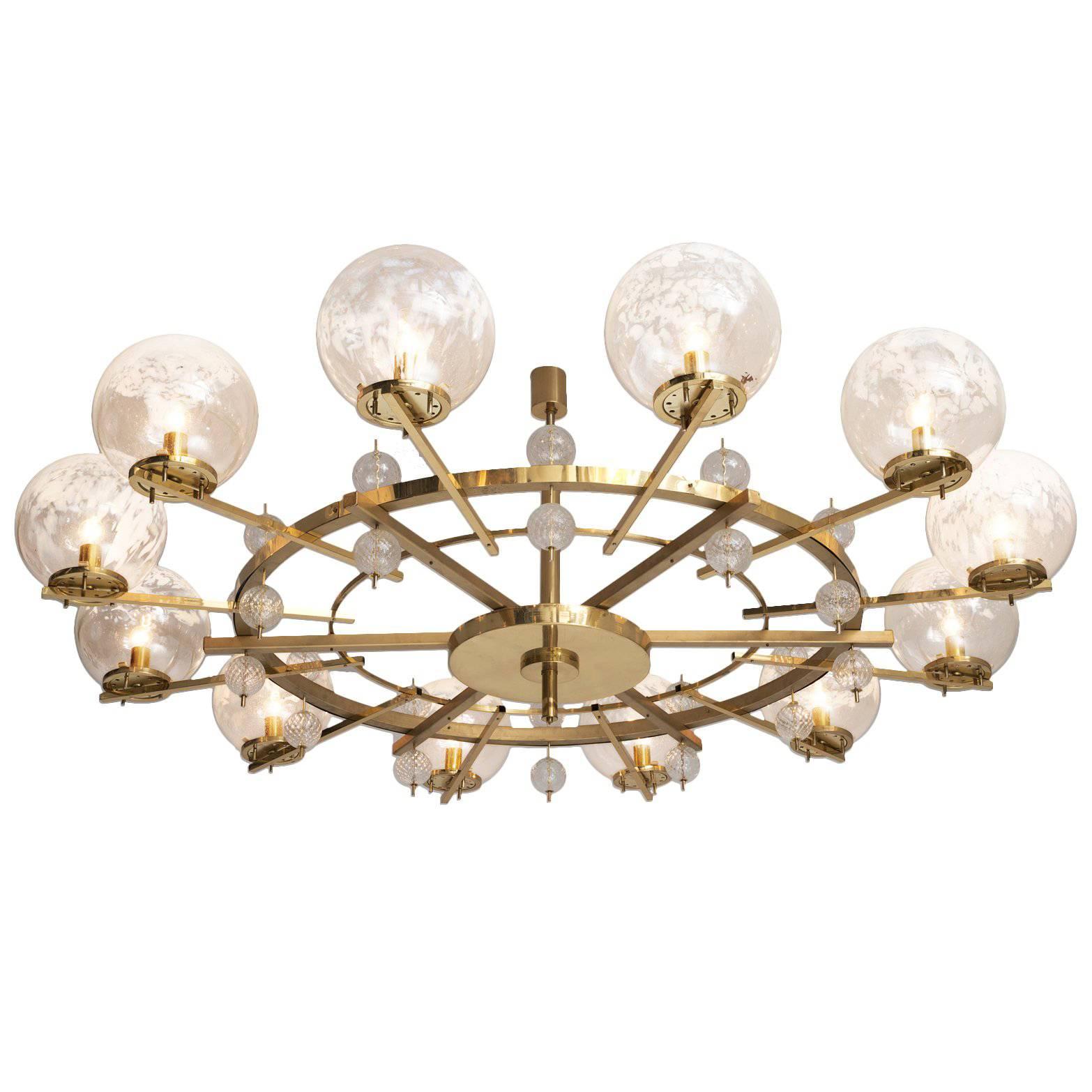 Chandelier in Brass and Art-Glass Spheres