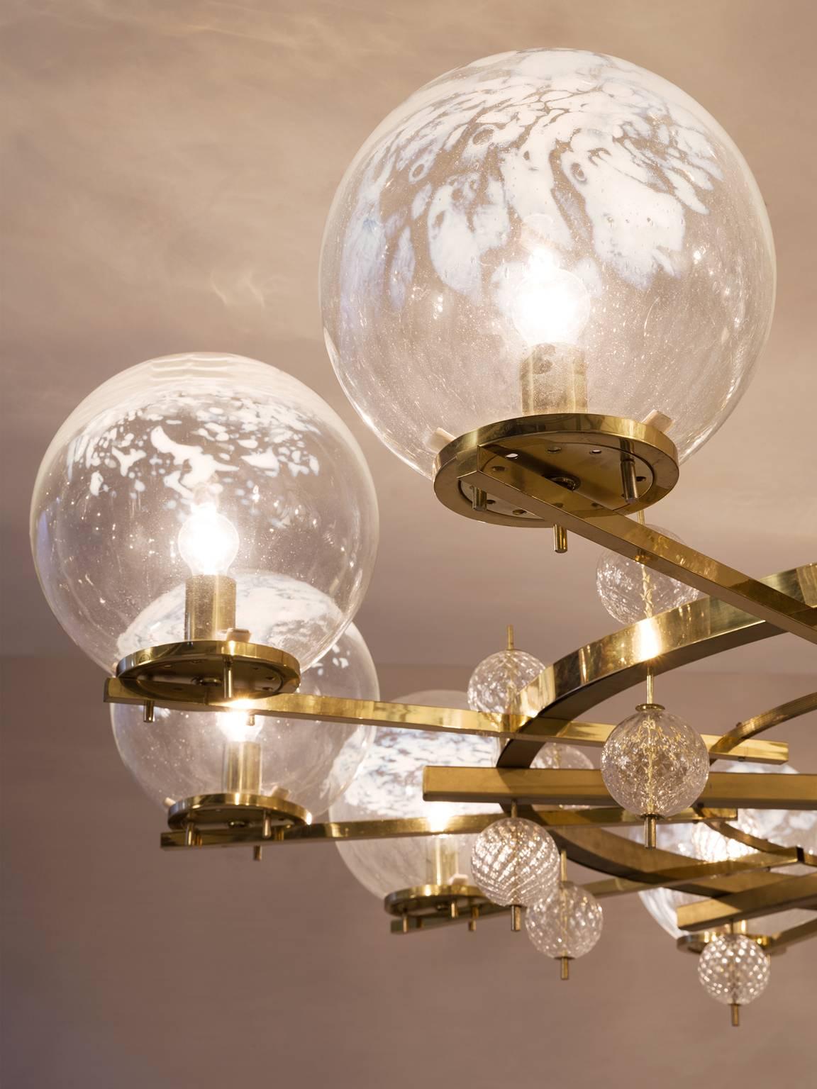 Mid-Century Modern Chandelier in Brass and Art-Glass Spheres