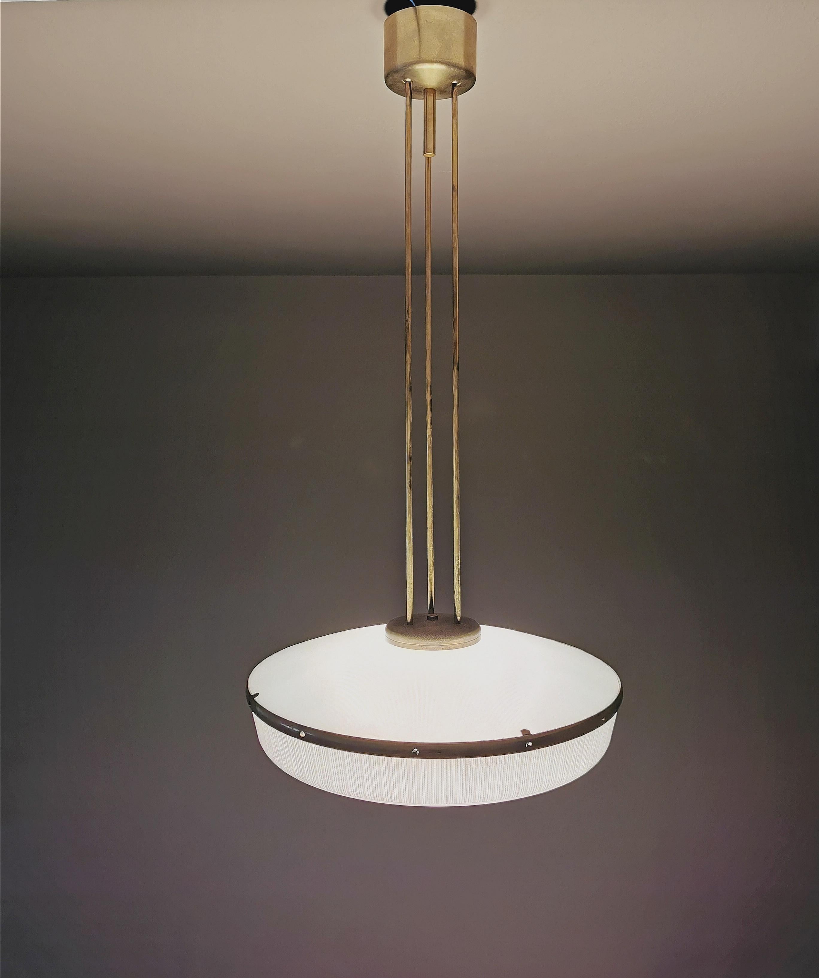 Mid Century Chandelier Brass White Glass In the Style of Stilnovo Italy 1960 3