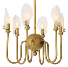 Chandelier in Brass and Handmade Textured Glass, Neoclassical Style