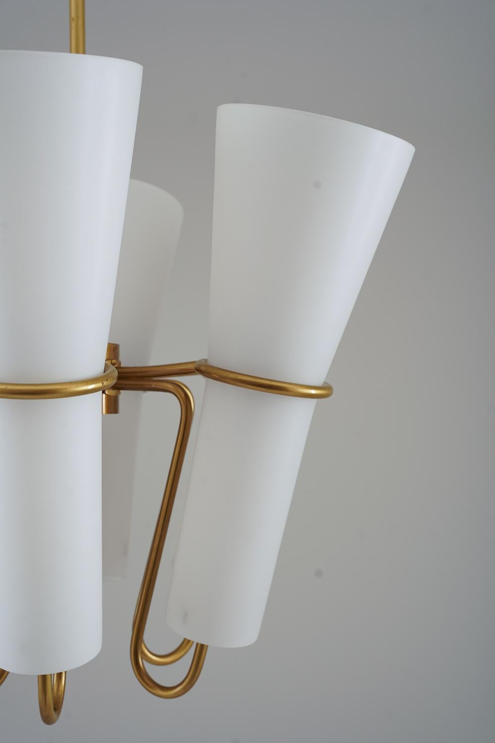 Chandelier in Brass and Opaline Glass by Hans-Agne Jakobsson For Sale 4
