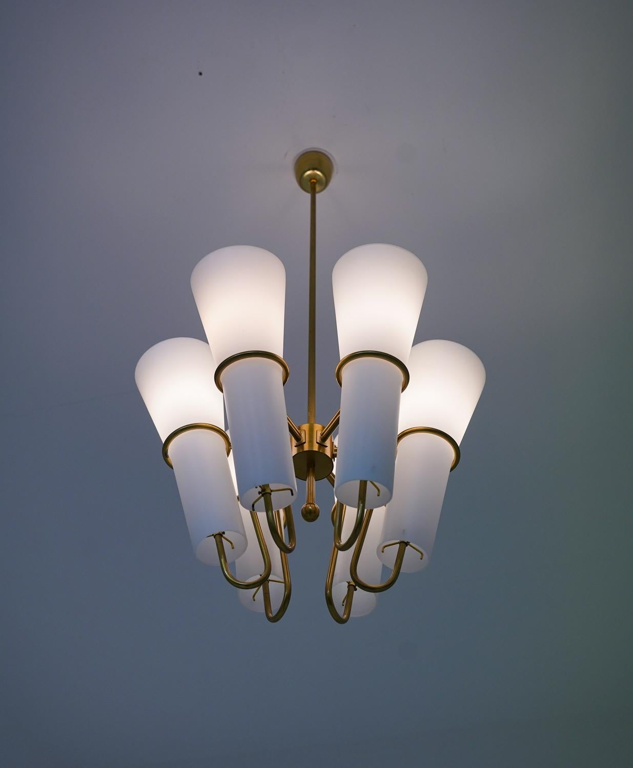 Chandelier in Brass and Opaline Glass by Hans-Agne Jakobsson For Sale 6
