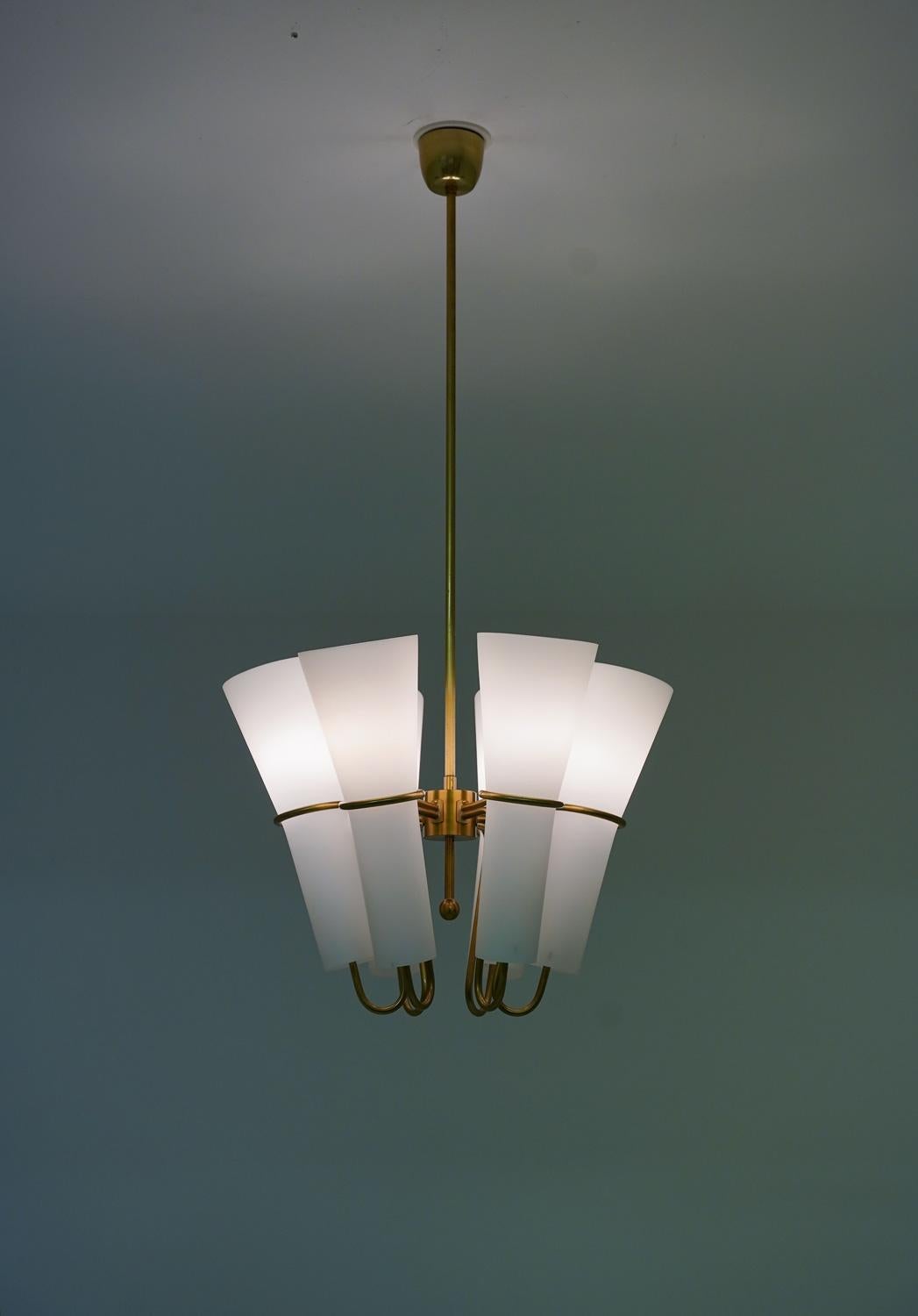 Chandelier in Brass and Opaline Glass by Hans-Agne Jakobsson For Sale 8