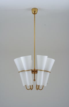 Chandelier in Brass and Opaline Glass by Hans-Agne Jakobsson
