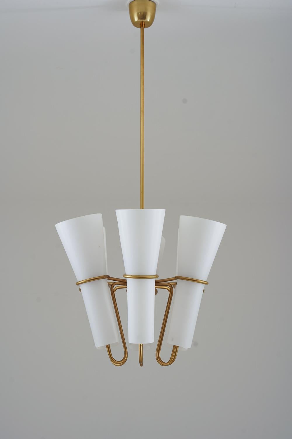 Swedish Chandelier in Brass and Opaline Glass by Hans-Agne Jakobsson For Sale