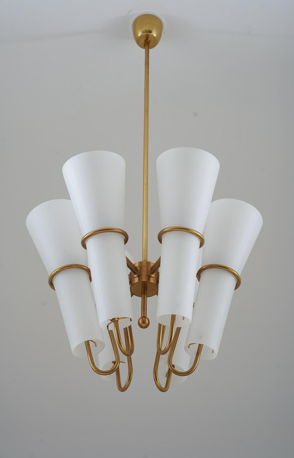 20th Century Chandelier in Brass and Opaline Glass by Hans-Agne Jakobsson For Sale