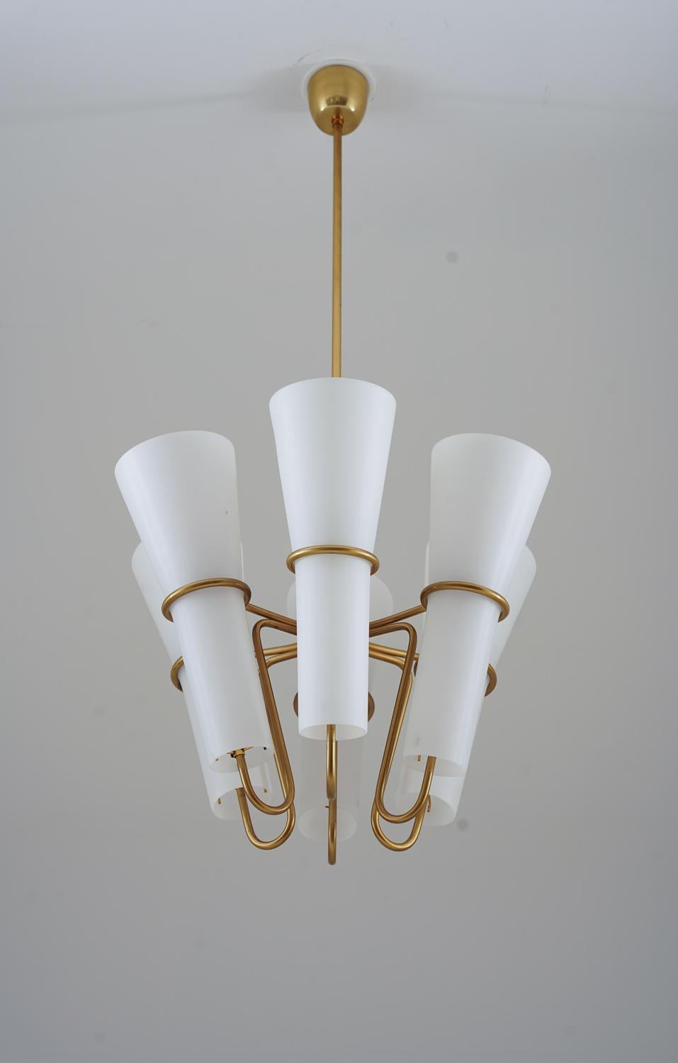 Chandelier in Brass and Opaline Glass by Hans-Agne Jakobsson For Sale 1