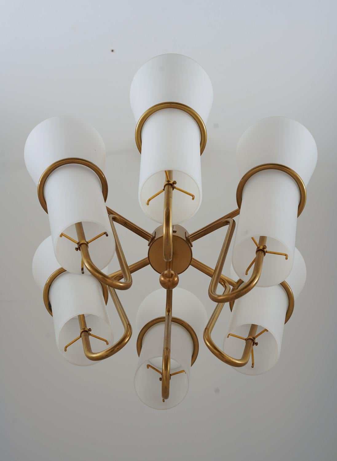 Chandelier in Brass and Opaline Glass by Hans-Agne Jakobsson For Sale 2