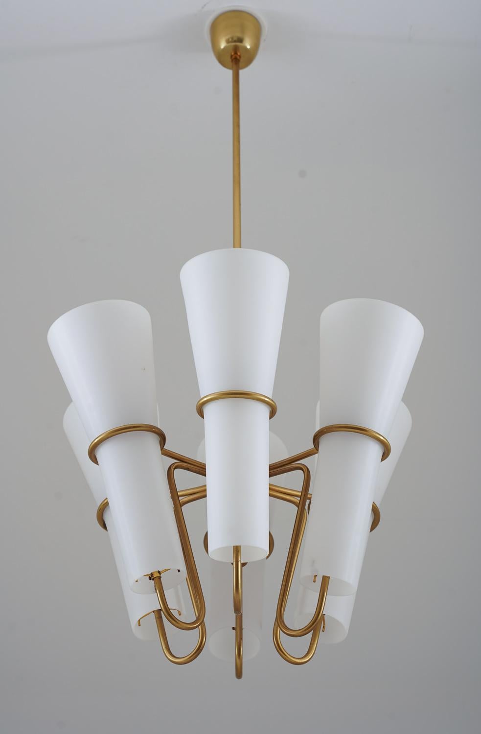 Chandelier in Brass and Opaline Glass by Hans-Agne Jakobsson For Sale 3