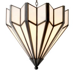 Chandelier in Brass and White Cast Glass, Art Deco Style