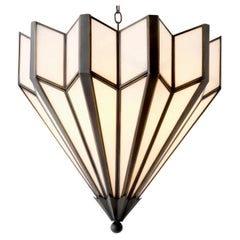 Chandelier in Brass and White Cast Glass, Art Deco Style