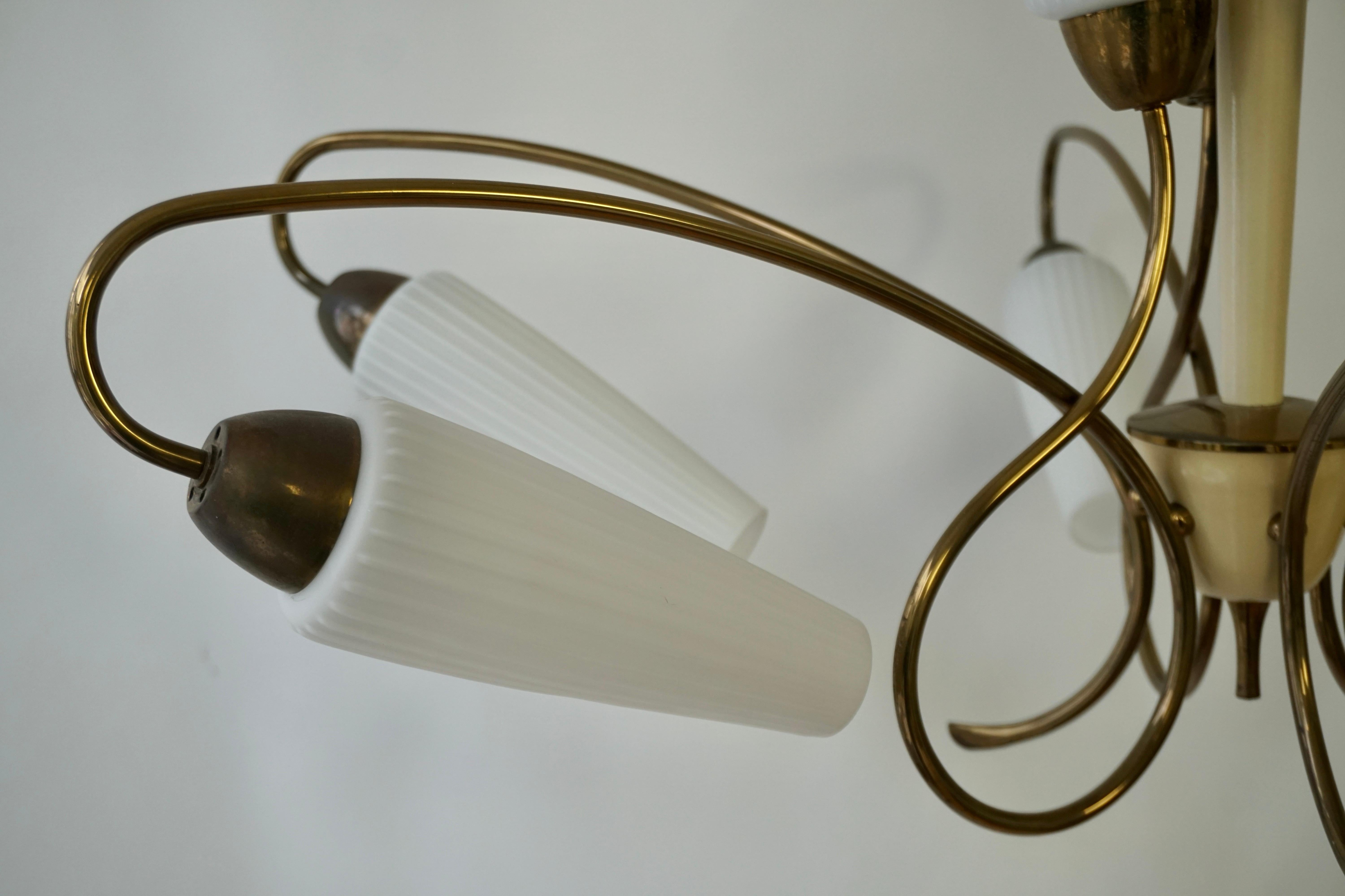 Chandelier in Brass and White Glass 1950s For Sale 4