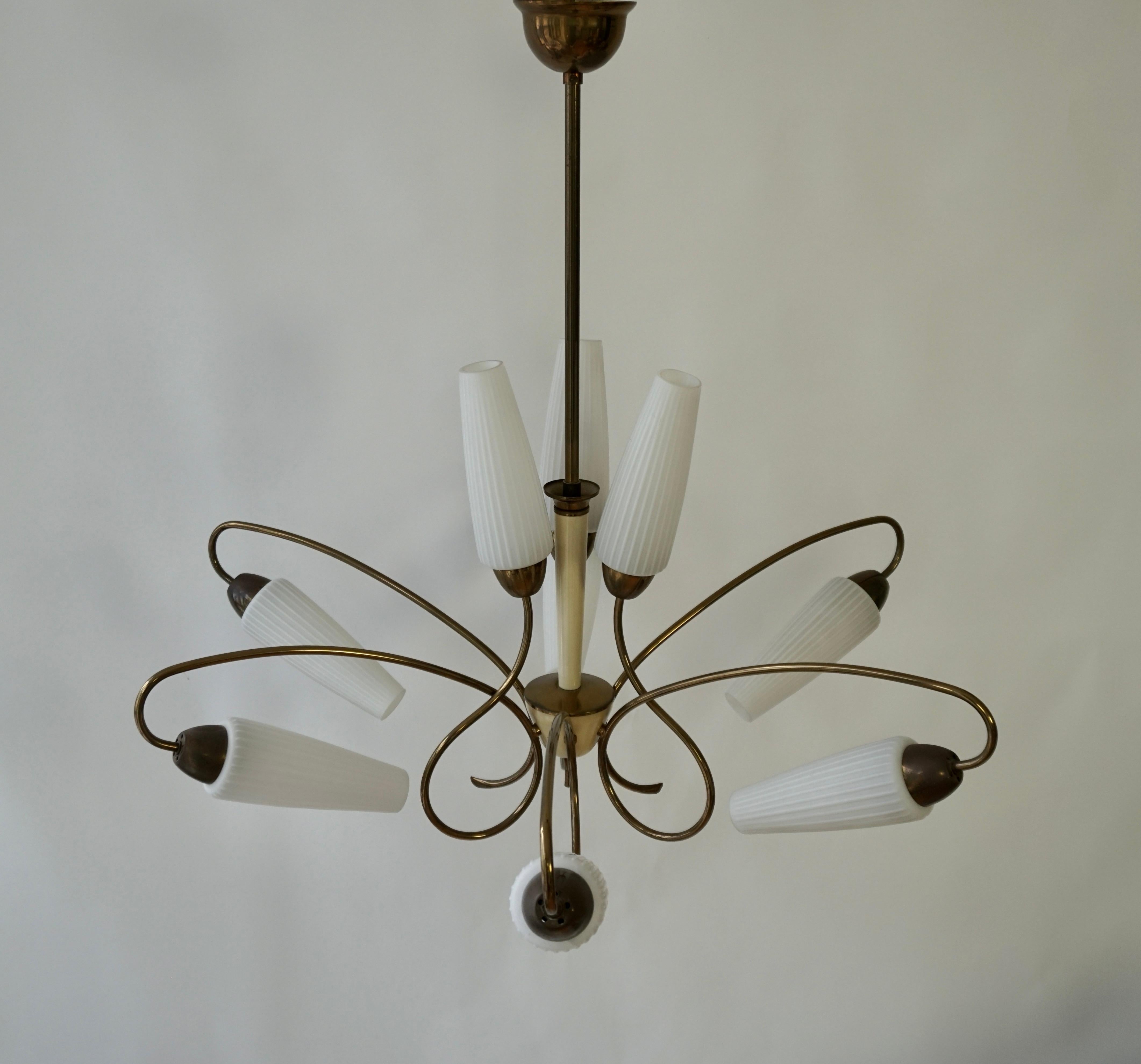 Mid-Century Modern Chandelier in Brass and White Glass 1950s For Sale