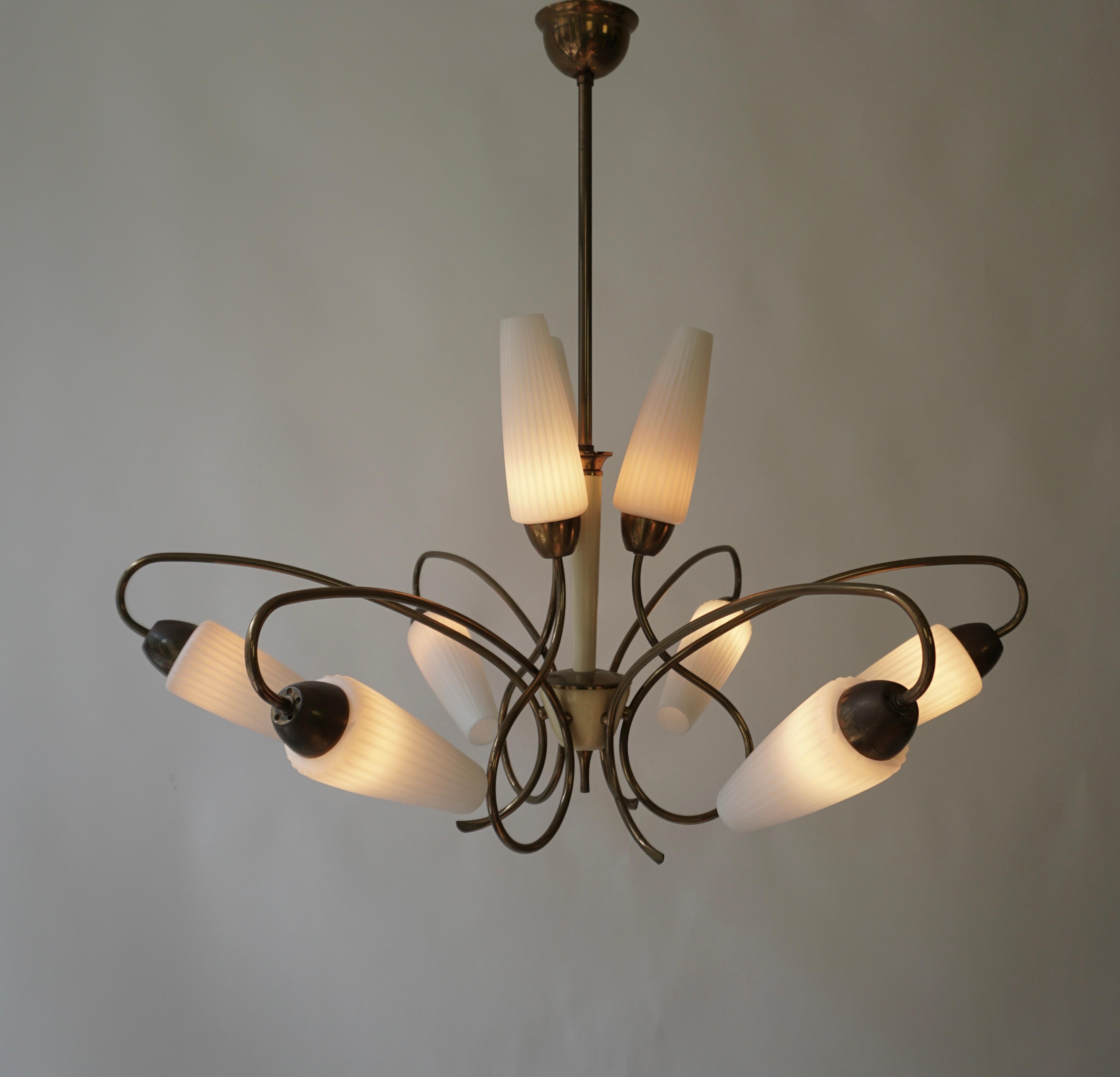 Italian Chandelier in Brass and White Glass 1950s For Sale