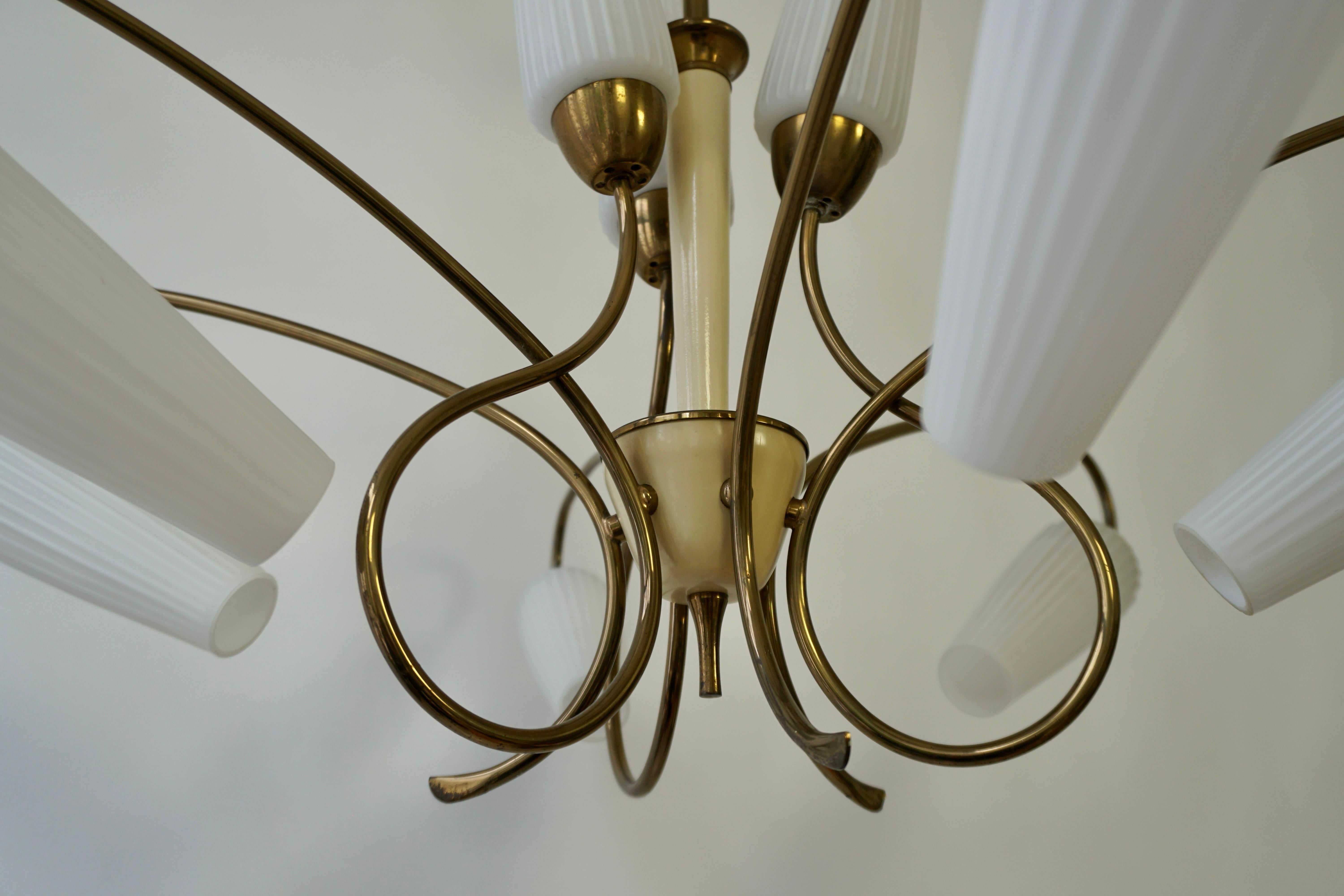 Chandelier in Brass and White Glass 1950s For Sale 3