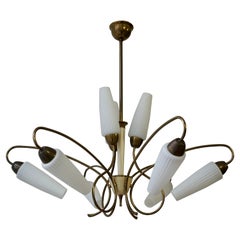 Chandelier in Brass and White Glass 1950s