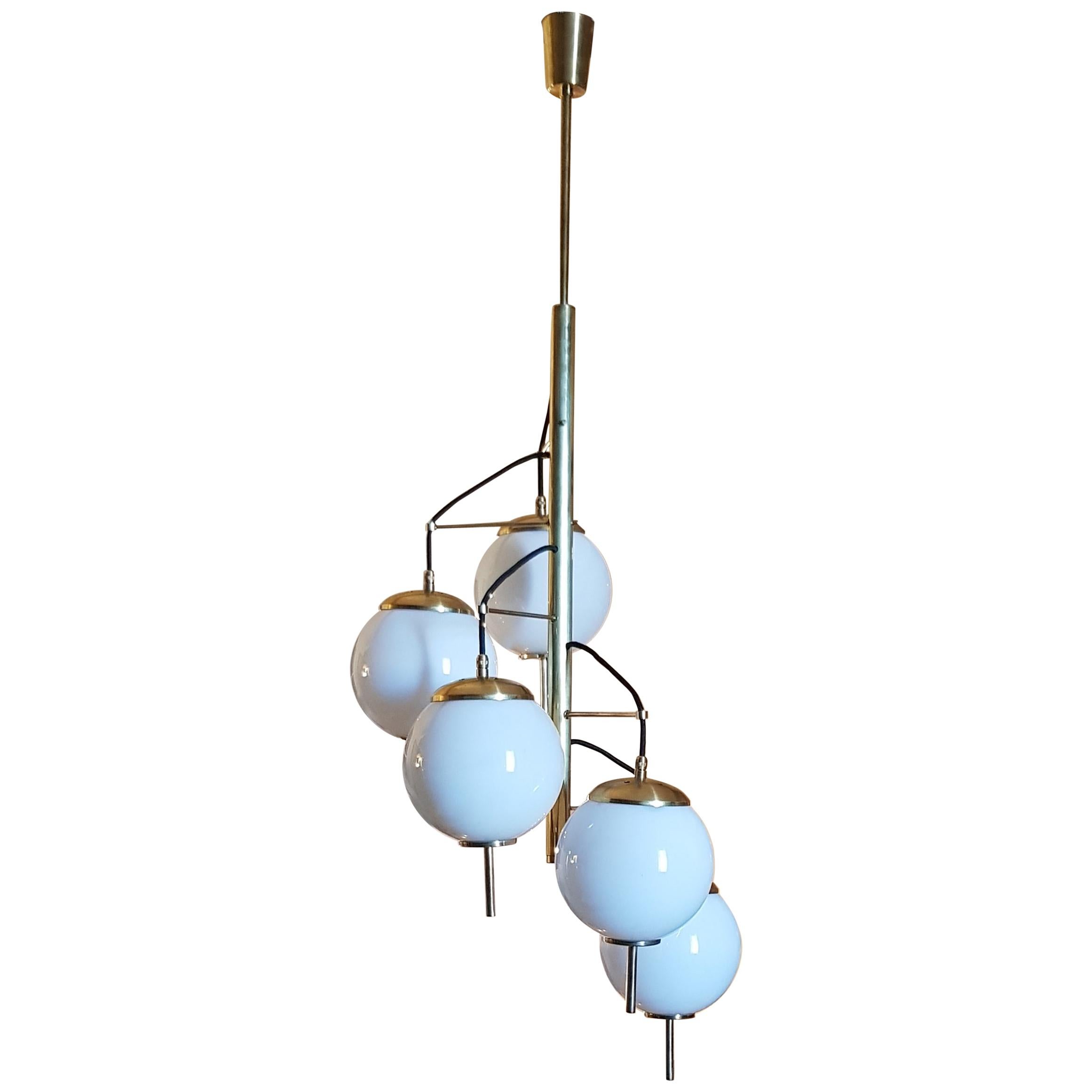 Chandelier Pendant Brass Glass Round Midcentury Italian Design 1960s