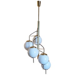 Chandelier Pendant Brass Glass Round Midcentury Italian Design 1960s