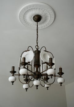 Chandelier in Brass and White Porcelain