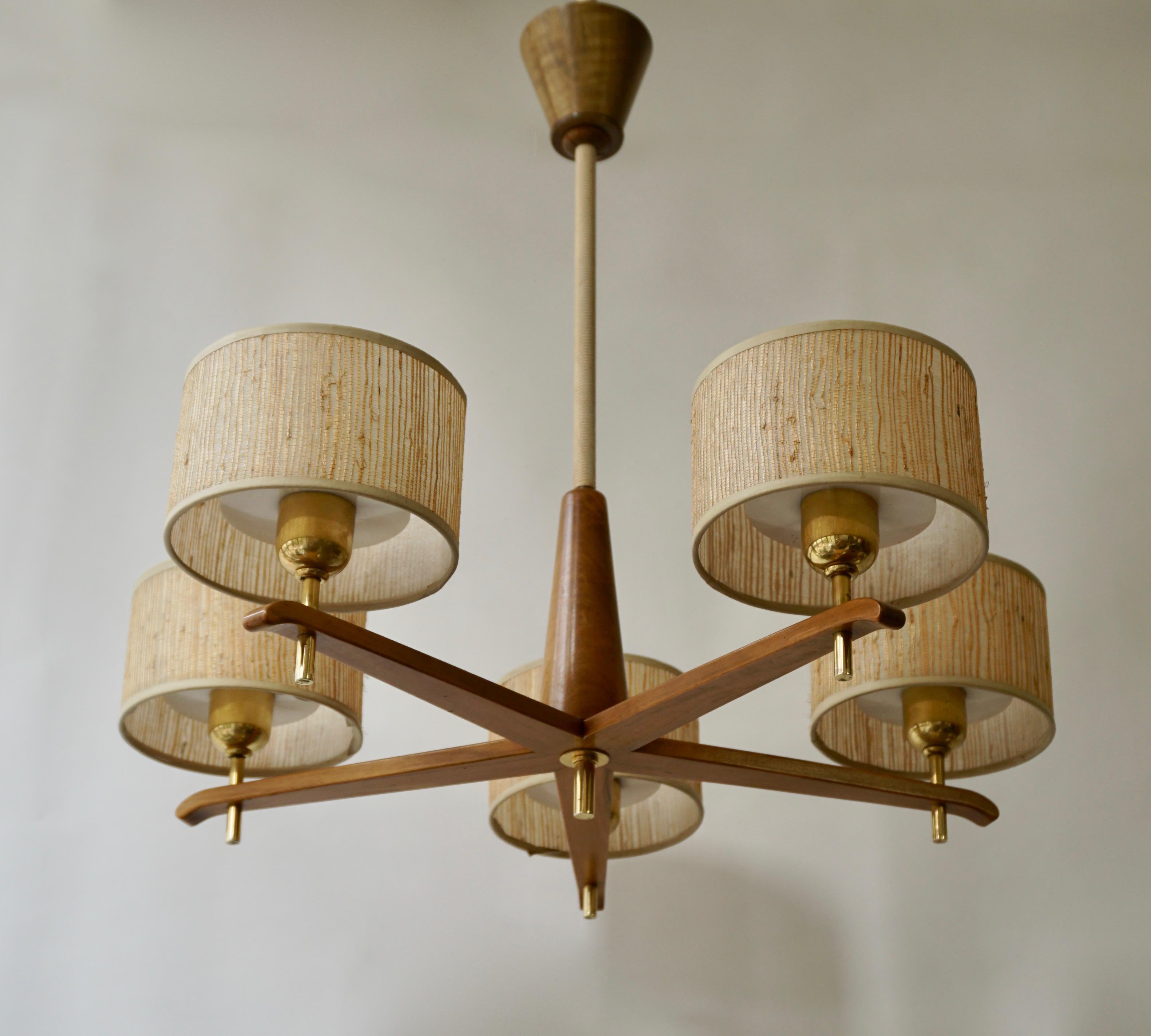 Mid-Century Modern Chandelier in Brass and Wood, Denmark, 1950s