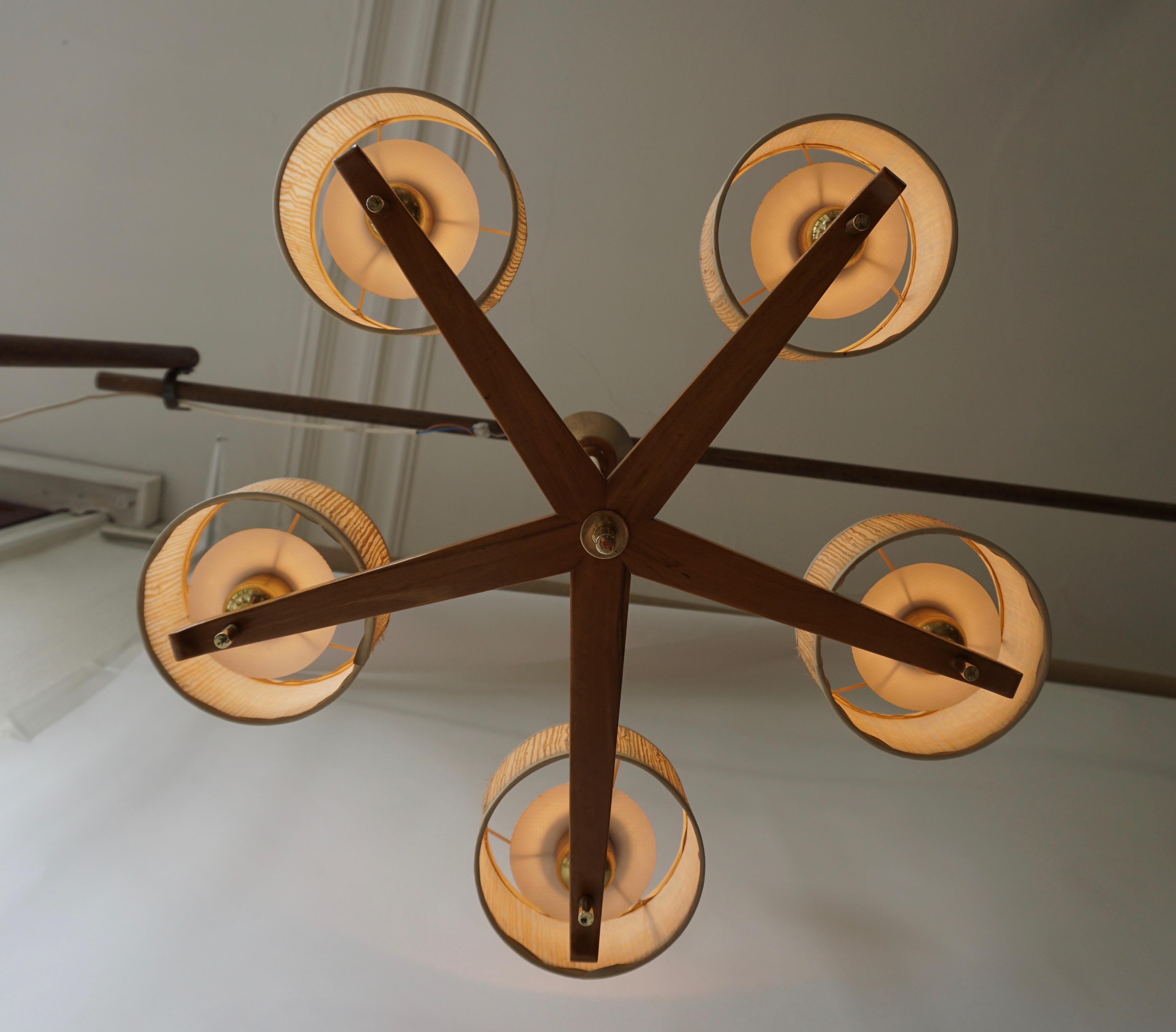 20th Century Chandelier in Brass and Wood, Denmark, 1950s