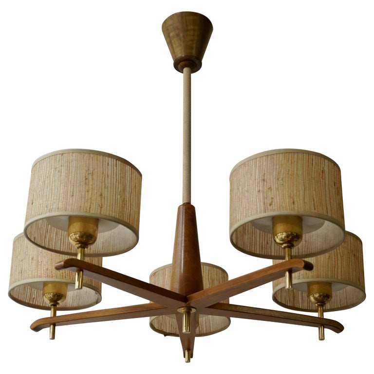 Chandelier in Brass and Wood, Denmark, 1950s at 1stDibs