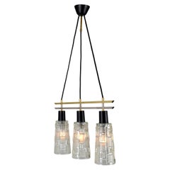 Lampadario a tre luci in ottone, cromo e vetro trasparente 1960s
