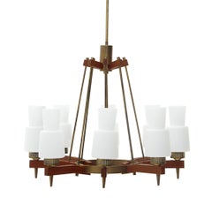 Chandelier in Brass, Teak and Opal Glass, 1960s