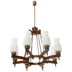 Chandelier in Brass, Teak and Opal Glass, 1960s
