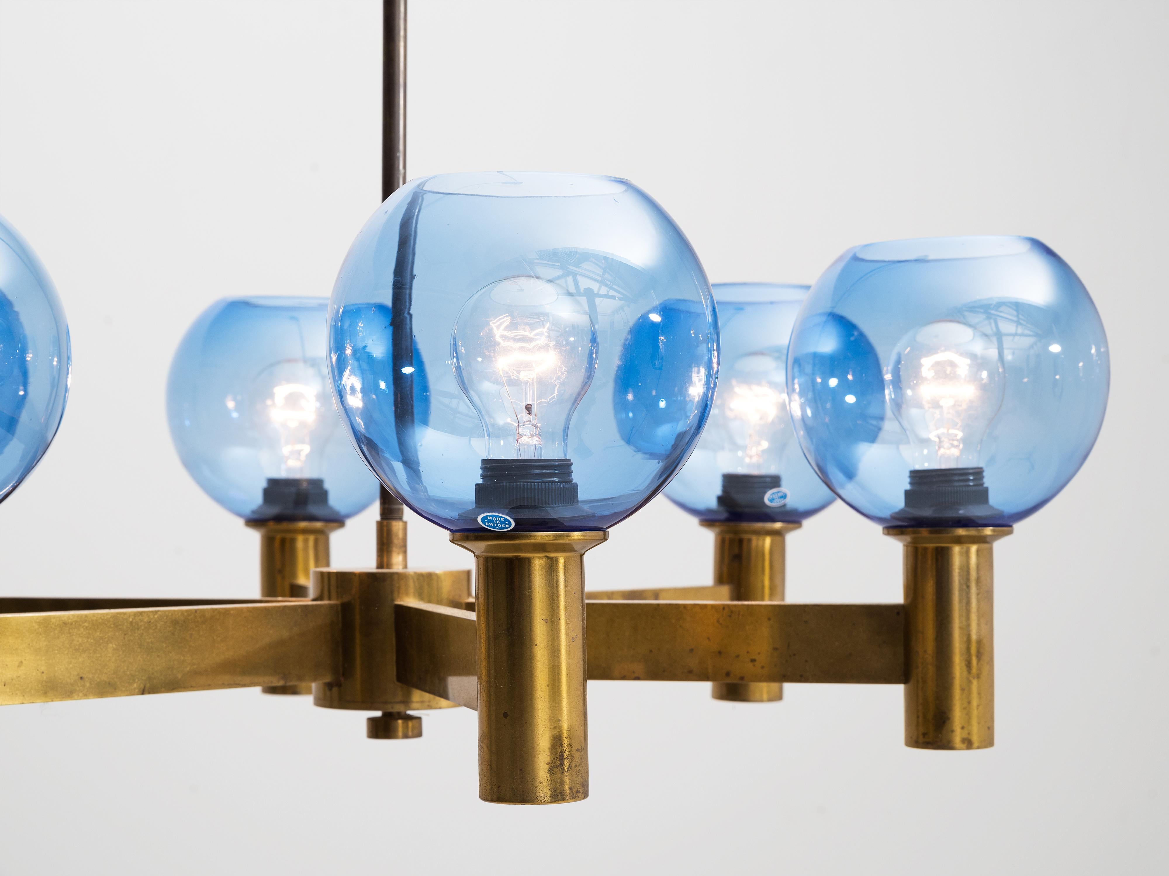 Scandinavian Modern Chandelier in Brass with Blue Colored Glass Shades