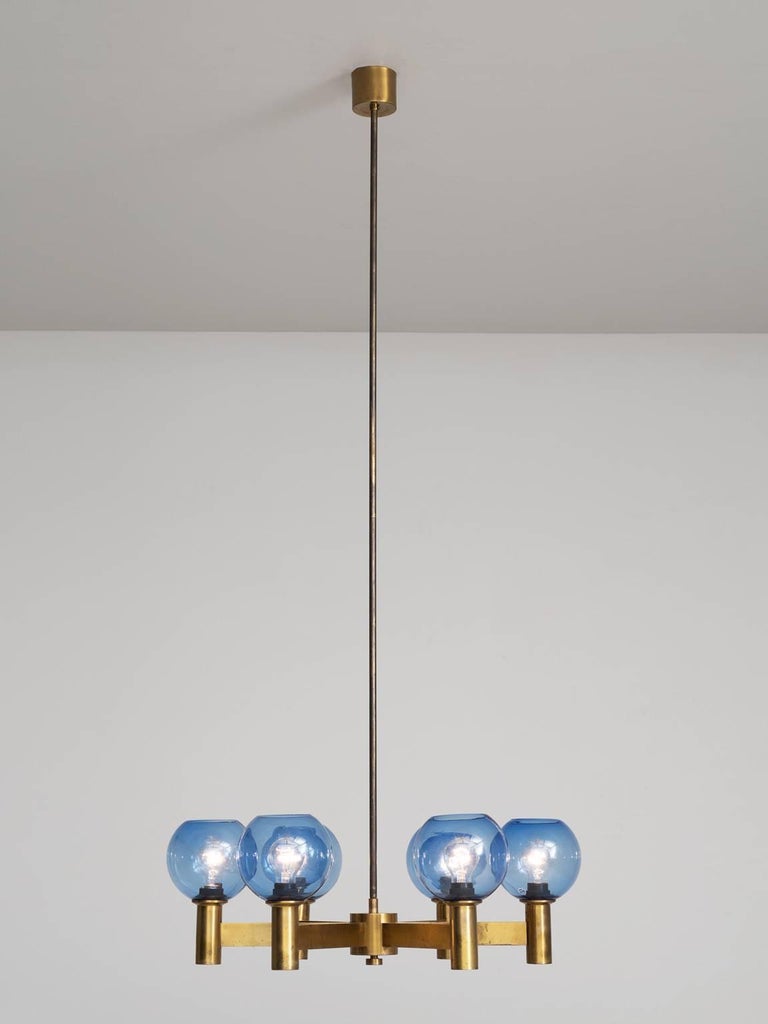 Swedish Chandelier in Brass with Blue Colored Glass Shades