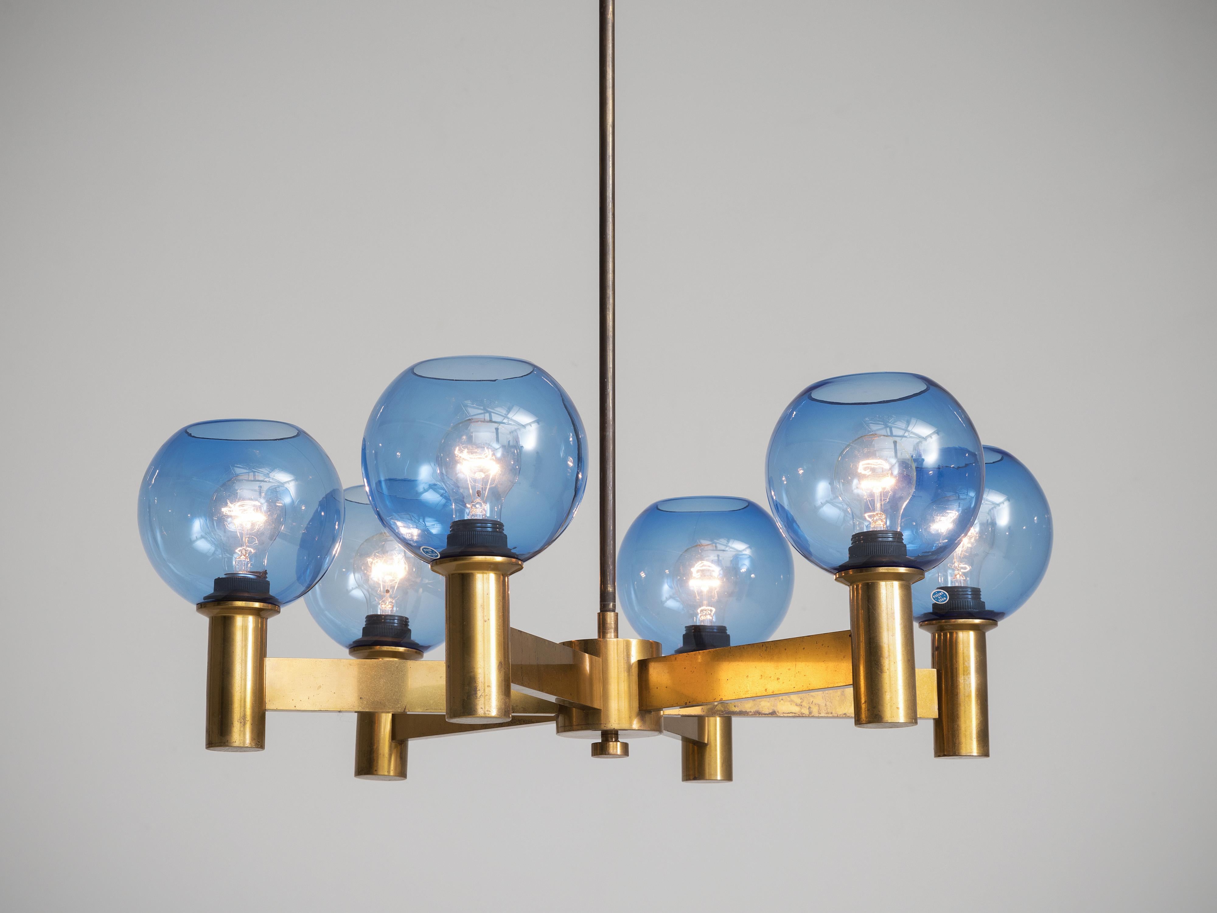 Swedish Chandelier in Brass with Blue Colored Glass Shades