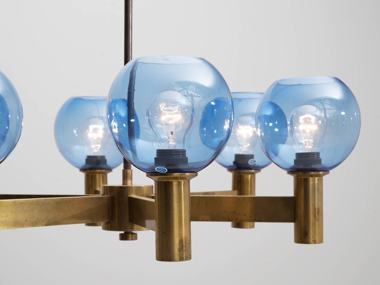 Mid-Century Modern Chandelier in Brass with Blue Colored Glass Shades