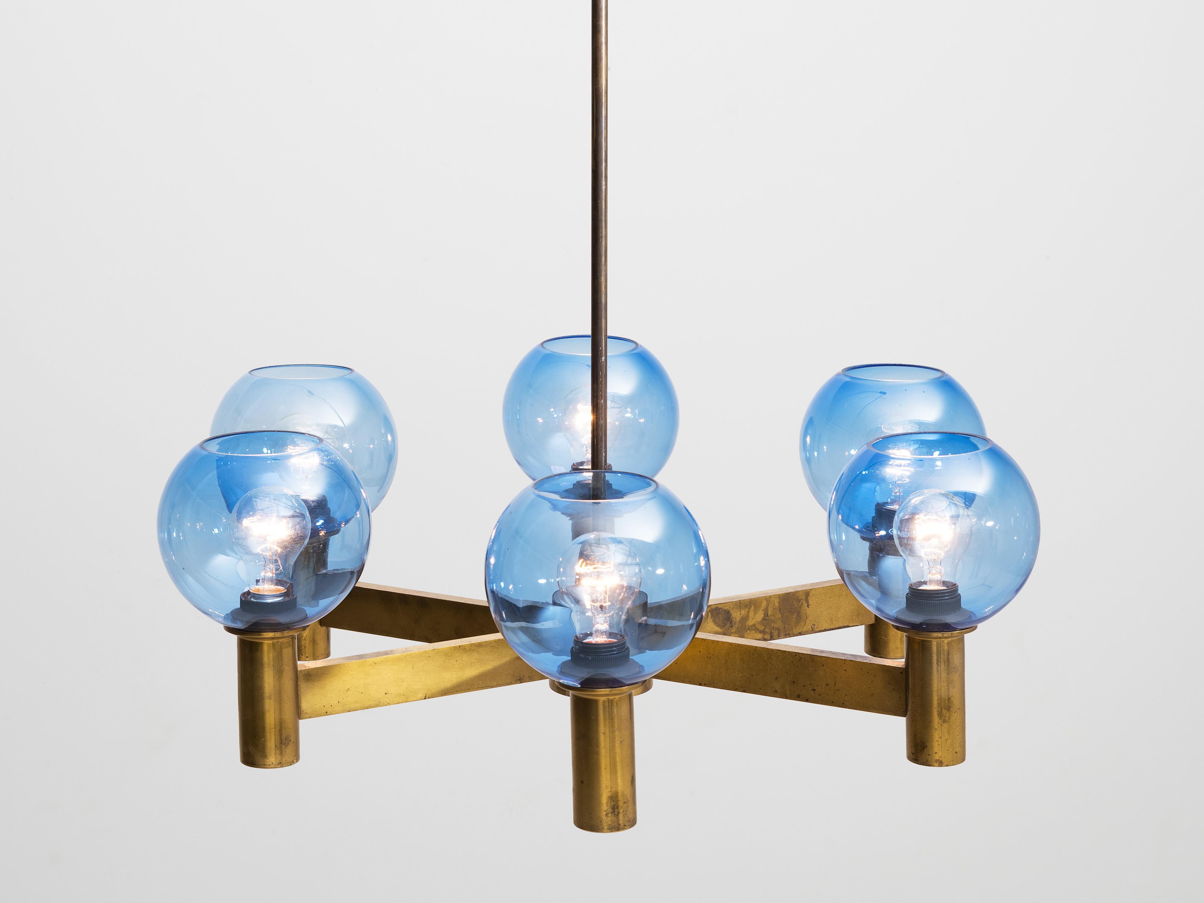 Chandelier in Brass with Blue Colored Glass Shades In Good Condition In Waalwijk, NL